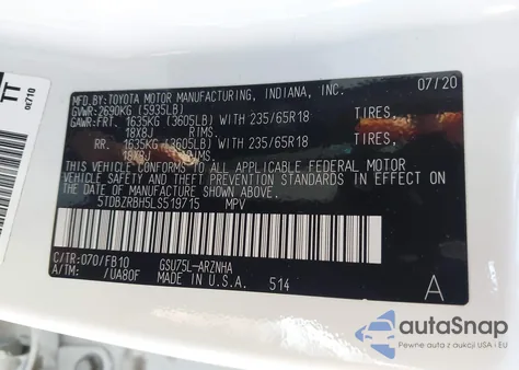 2020 Toyota Highlander Le из США, поврежденный, VIN 5TDBZRBH5LS519715